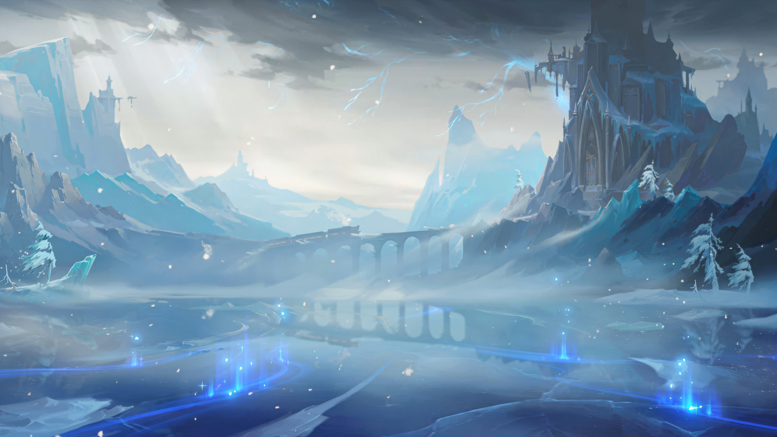 雪国山城与湖面
